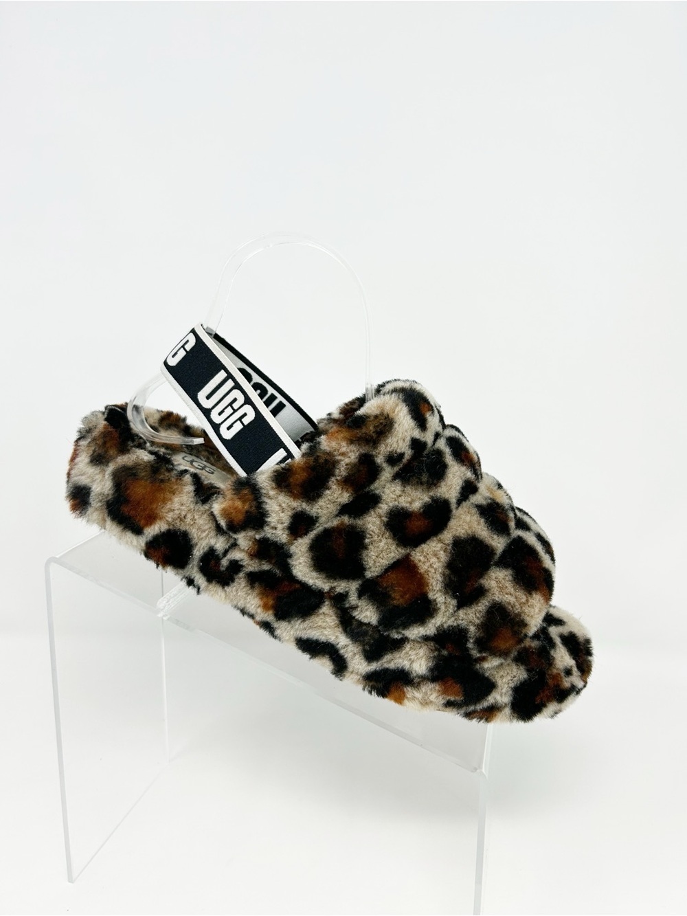 UGG Fluff Yeah Slippers Brown Leopard Print Slingback Slide Sandals Size 9